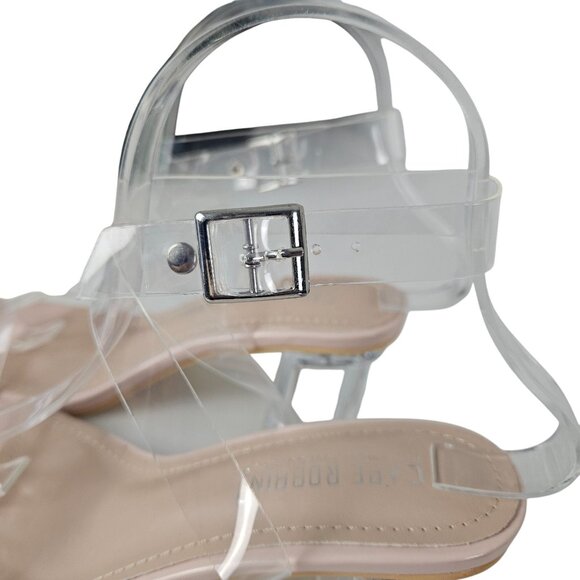 Womens Size 6 Clear Ankle Strap Block Nude Heel Strappy Sandals Shoes Stylish - Picture 4 of 11